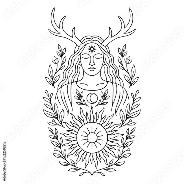 Fototapeta Sonnengott mit Geweih, Sonne, Mond und Pflanzen - spirituelles Ausmalbild zur Sommersonnenwende (Litha) im heidnisch-symbolischen Lineart-Stil
