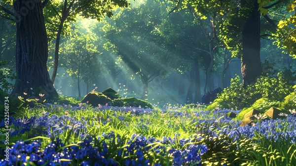 Obraz A vibrant spring scene of a forest clearing, with sunlight streaming through the canopy onto a carpet of blooming bluebells and lush greenery.
