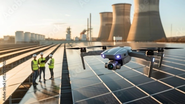 Fototapeta Drone flying over solar panels at power plant with engineers discussing in background, showcasing renewable energy.