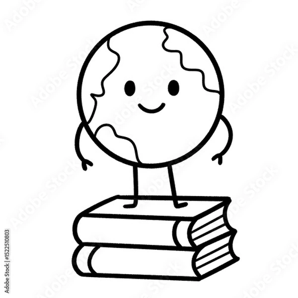 Fototapeta Smiling Earth Standing on Books – Cute Hand-Drawn Line Art Symbolizing Global Education and Knowledge