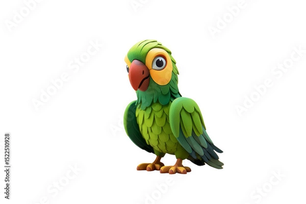 Fototapeta A cute cartoon parrot with green feathers, a red beak, and yellow accents, standing on a transparent background. background removed