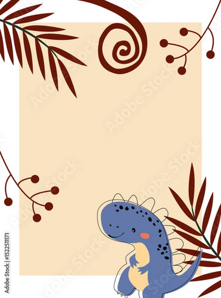 Fototapeta Dinosaur vector card template. Children's set with cute dinosaurs and various elements. Dino baby colorful background