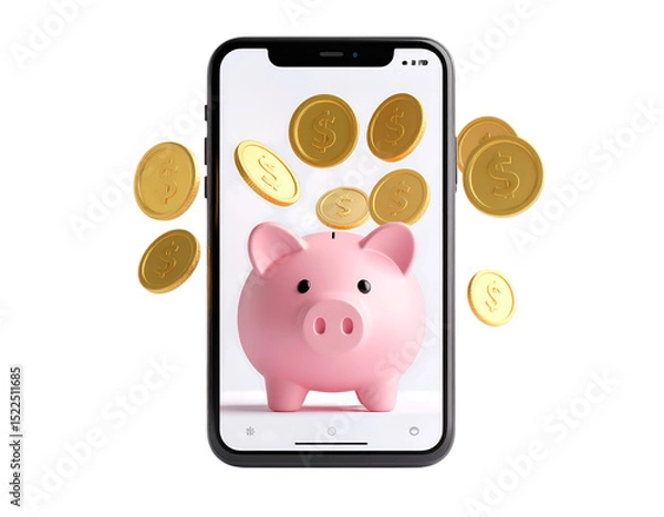 Fototapeta Piggy Bank's Mobile Savings: A whimsical scene where a pink piggy bank on a phone screen surrounded by golden coins, creating a visually appealing depiction of financial well-being. 
