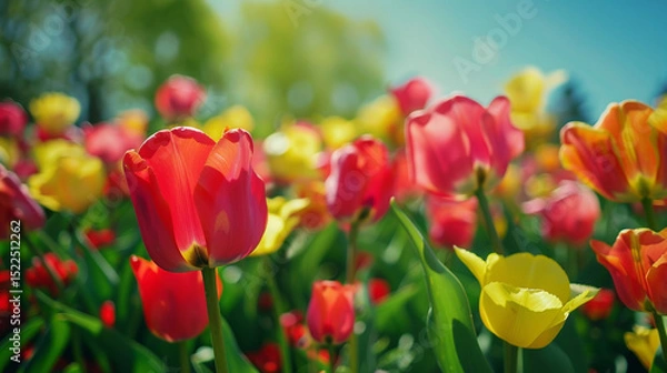 Obraz A wide field of vibrant tulips in full bloom, with rows of red, yellow, pink, and orange flowers stretching into the distance under a bright blue sky.