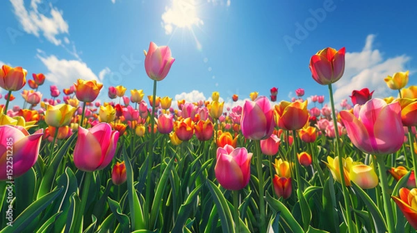 Obraz A wide field of vibrant tulips in full bloom, with rows of red, yellow, pink, and orange flowers stretching into the distance under a bright blue sky.