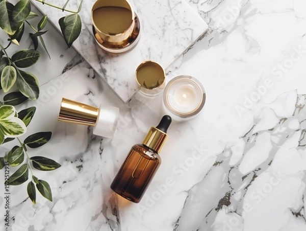 Fototapeta Luxury cosmetic products on marble background – top view mockup