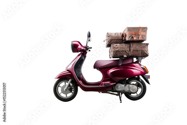 Fototapeta A maroon scooter carries three brown packages on its rear rack, isolated on a transparent background. background removed