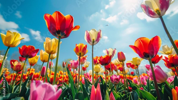 Obraz A wide field of vibrant tulips in full bloom, with rows of red, yellow, pink, and orange flowers stretching into the distance under a bright blue sky.