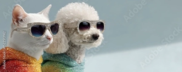 Obraz Stylish Cat and Dog in Glamorous Sunglasses and Rainbow Outfits