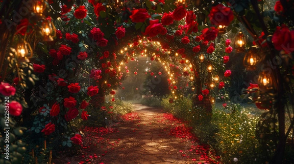 Obraz A wide garden pathway bordered by towering rose bushes bursting with crimson blooms, with small lanterns hanging from the branches for an enchanting ambiance.