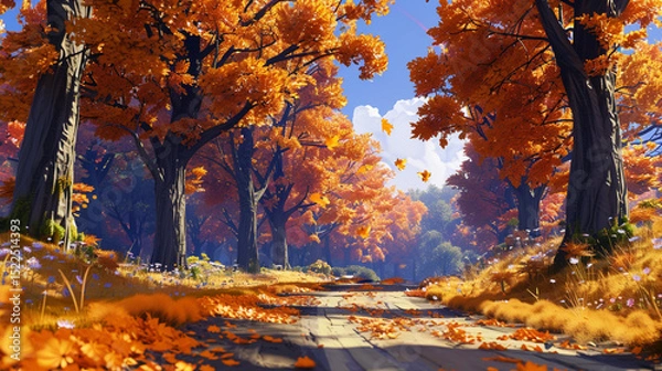 Obraz A winding country road lined with towering trees in brilliant shades of orange and yellow, with fallen leaves scattered across the path under a vivid blue sky.