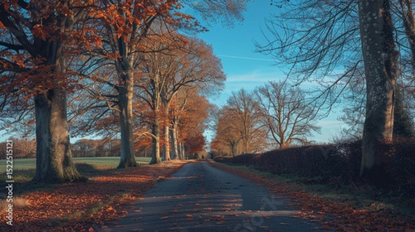 Obraz A winding country road lined with towering trees in brilliant shades of orange and yellow, with fallen leaves scattered across the path under a vivid blue sky.