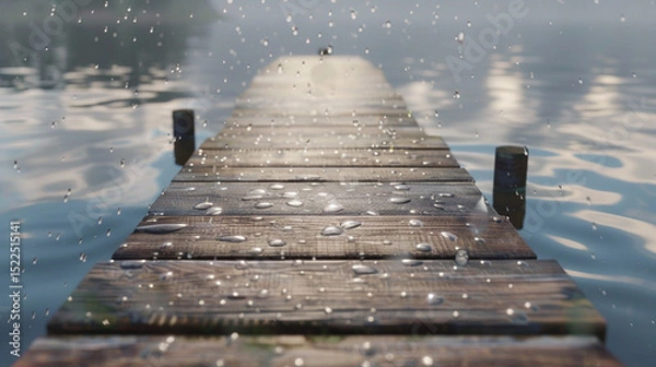 Obraz A wooden dock extending into a calm lake during a light drizzle, with raindrops creating delicate ripples on the water and storm clouds reflecting on the surface.