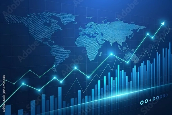 Fototapeta Hyperrealistic Abstract Digital Art of Increasing Stock Market Graph with Glowing Blue Data Lines and World Map Overlay