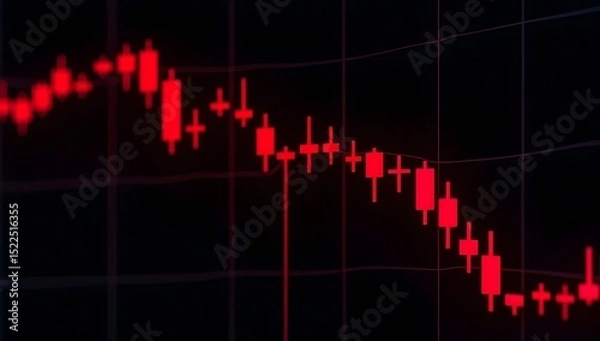 Obraz A powerful digital visualization of bear market decline, featuring red arrows, falling charts, and dynamic symbols of financial downturn in a dark, clean, modern style. AI-Generated.

