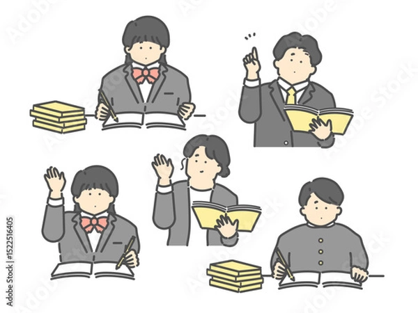 Fototapeta 授業をする男女の先生、勉強する男女の生徒  イラストセット