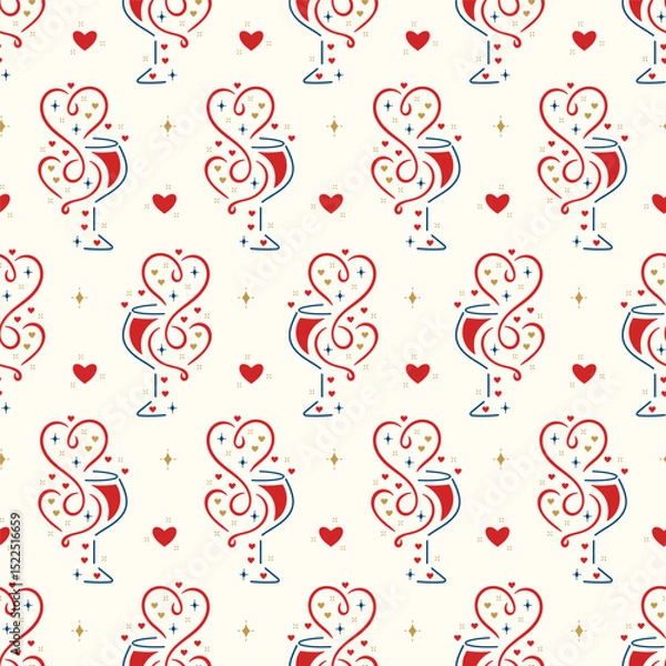 Fototapeta Wine Lover. Romantic Vector Seamless Pattern of Wine Glasses with Hearts, Wine Splashes