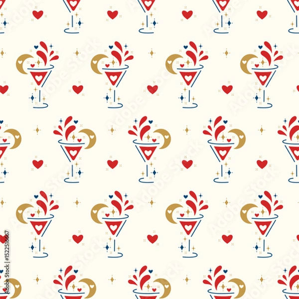 Fototapeta Wine Lover. Romantic Vector Seamless Pattern of Wine Glasses with Hearts, Wine Splashes, Moon