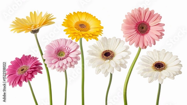 Obraz Colorful Collection of Gerbera Daisies with Pink, Yellow, and White Variations on a transparent Background Featuring Different Bloom Designs and Petal Shapes
More