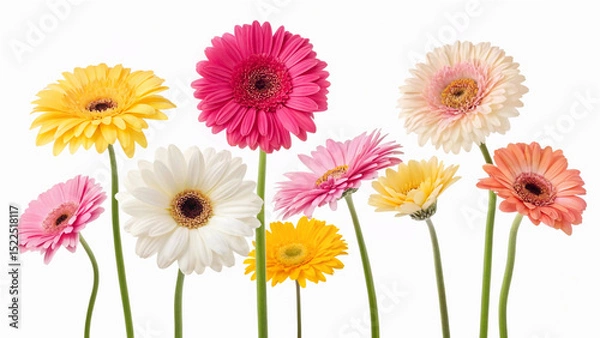 Obraz Colorful Collection of Gerbera Daisies with Pink, Yellow, and White Variations on a transparent Background Featuring Different Bloom Designs and Petal Shapes
More