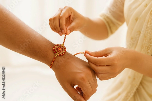 Obraz Raksha Bandhan . Celebrating raksha bandhan tradition with rakhi tying ceremony