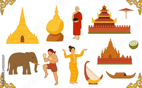 Obraz Assorted Myanmar Cultural Illustrations – Traditional Art and Heritage