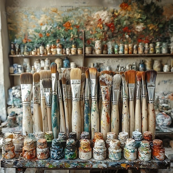 Fototapeta Paint-stained brushes in creative workspace High Resolution Picture