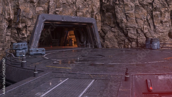 Fototapeta Futuristic fantasy sci-fi industrial base environment background. 3D render illustration.