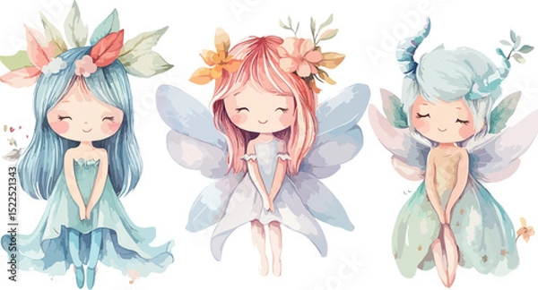 Obraz Three Watercolor Fairy Illustrations with Floral Crowns and Delicate Wings Depicting Whimsical and Enchanting Characters for Children s Books Fantasy Art or Decorative Elements