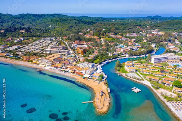Obraz Messonghi Beach holiday resort over canal separating Moraitika and Messonghi villages on a Corfu Island, Greece