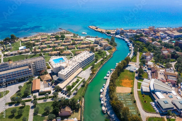 Obraz Messonghi Beach holiday resort over canal separating Moraitika and Messonghi villages on a Corfu Island, Greece