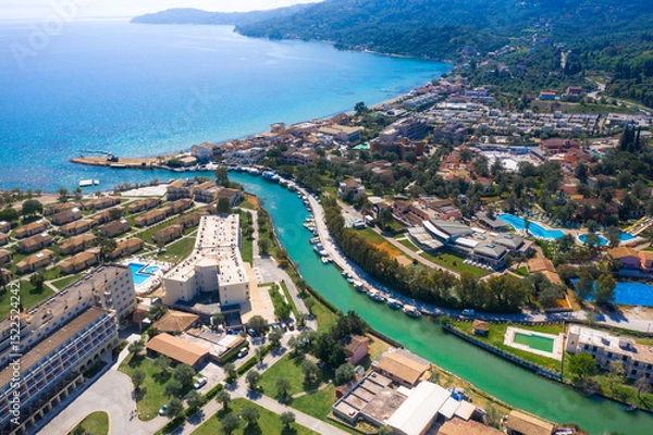 Obraz Messonghi Beach holiday resort over canal separating Moraitika and Messonghi villages on a Corfu Island, Greece