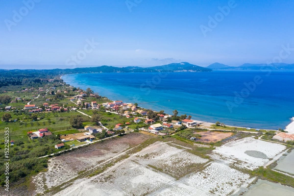 Obraz Aerial drone view of Lefkimmi Salt Flats, in corfu island, Greece