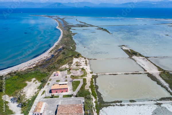 Obraz Aerial drone view of Lefkimmi Salt Flats, in corfu island, Greece