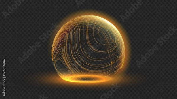 Obraz Gold sphere shield in 3d dome effect with tech globe ball for protect secure bg. Abstract light pattern by planet energy and digital line connects global network.