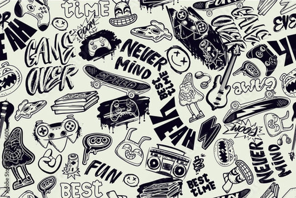Obraz Doodle ornament with gaming, music, teenagers elements for sport school textile, wrapping paper. Monochrome print with game pad, pizza, street art graffiti words, guitar, rabbit, bear, skateboard