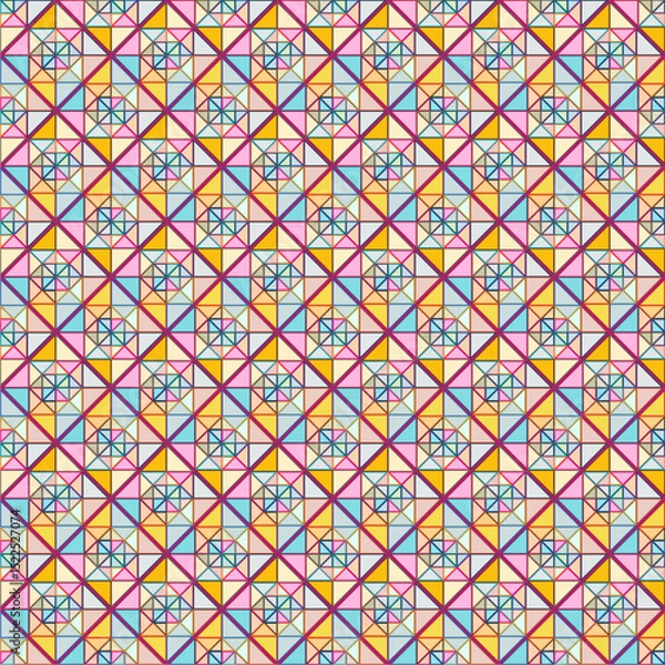 Obraz Colorful Geometric Mosaic Pattern, Seamless Abstract Star and Triangle Design for Textile, Stationery, Ceramic Tiles, and Digital Use. Perfect for Modern Decor, Craft Projects, and Fashion Prints