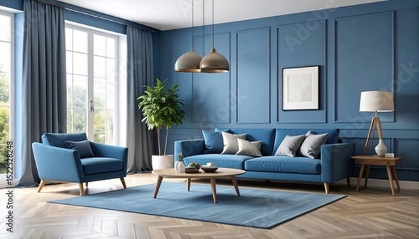 Fototapeta Serene Blue Living Room Interior Design