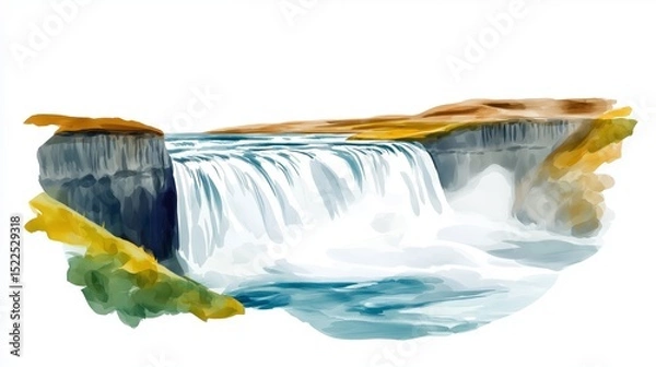 Fototapeta Gullfoss Waterfall. Gullfoss Waterfall hand drawn watercolor illustration