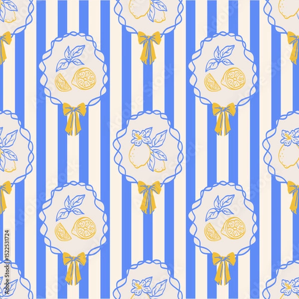 Obraz Vintage seamless pattern summer vibes. Hand draw lemons in ribbon frame with bow. Vacation vector illustrations in ink line doodle sketch image for fabric, wrapping paper.