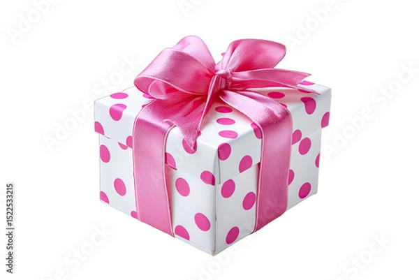 Obraz A gift box, square, white with pink polka dots, and a pink satin ribbon bow
