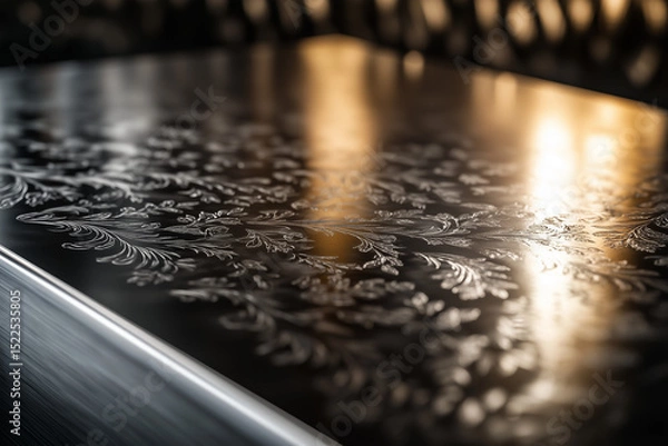 Fototapeta Various patterns and engravings on metal laser engraving closeup background.