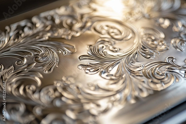 Fototapeta Various patterns and engravings on metal laser engraving closeup background.