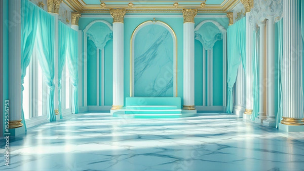 Fototapeta Elegant realistic view of a turquoise blue royal palace with magnificent, luxurious column architecture. Impressive, grand, ornate interior palace fantasy. Blue corridor, hall with columns 