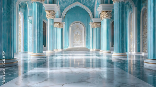Fototapeta Elegant realistic view of a turquoise blue royal palace with magnificent, luxurious column architecture. Impressive, grand, ornate interior palace fantasy. Blue corridor, hall with columns 