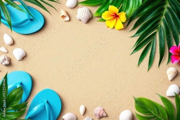 Obraz Beach scene with flip flops and tropical elements on sand