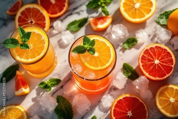 Obraz Citrus drinks with mint and ice on marble surface