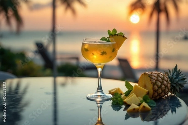 Obraz Cocktail with Pineapple on Table at Sunset