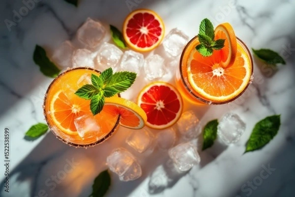 Obraz Fresh citrus drinks with ice and mint on marble surface