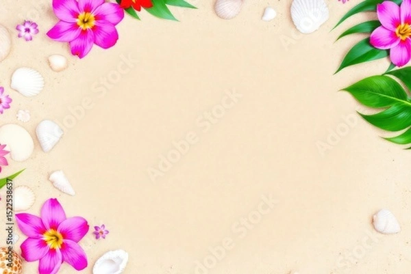 Obraz Floral and Shell Decorations on Sand Background for Celebrations
